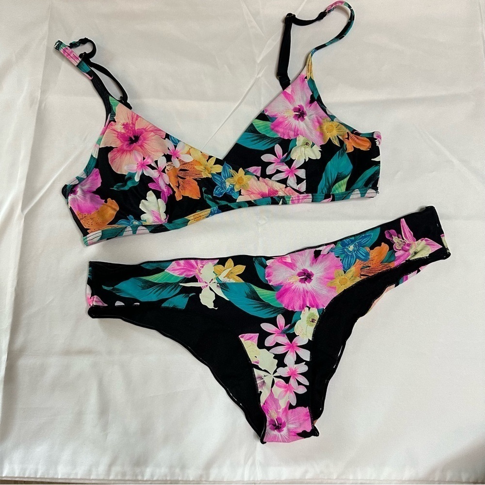 Floral Black Bikini Top and Bottom Size S